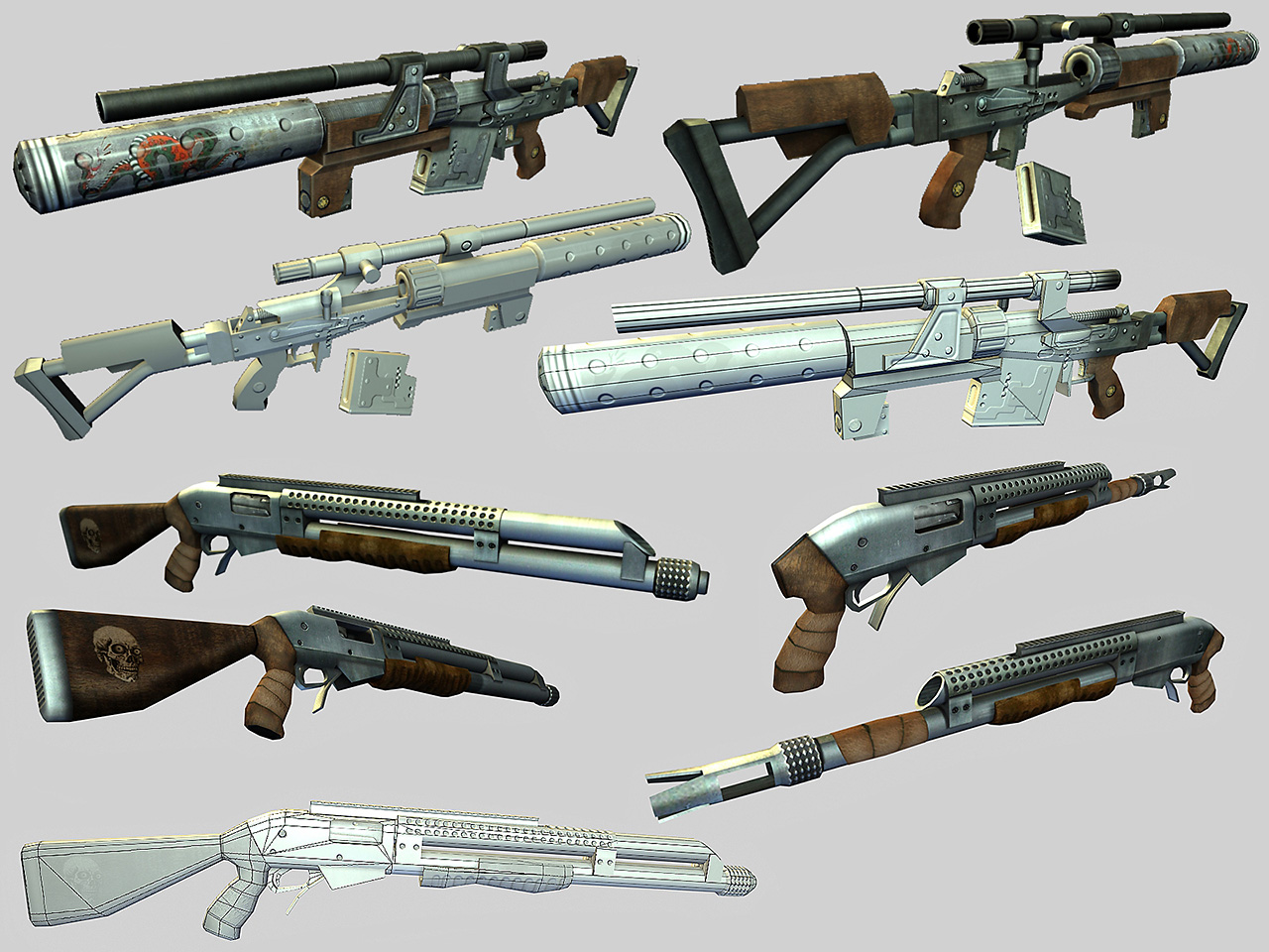 Stylized weapon designs loosely based on real-world weapons